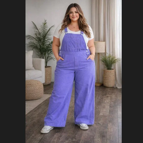 Cider Women's Wide Leg Oversized Bib Cargo Overalls Denim Sz 4XL Purple Wash NWT - Picture 1 of 12